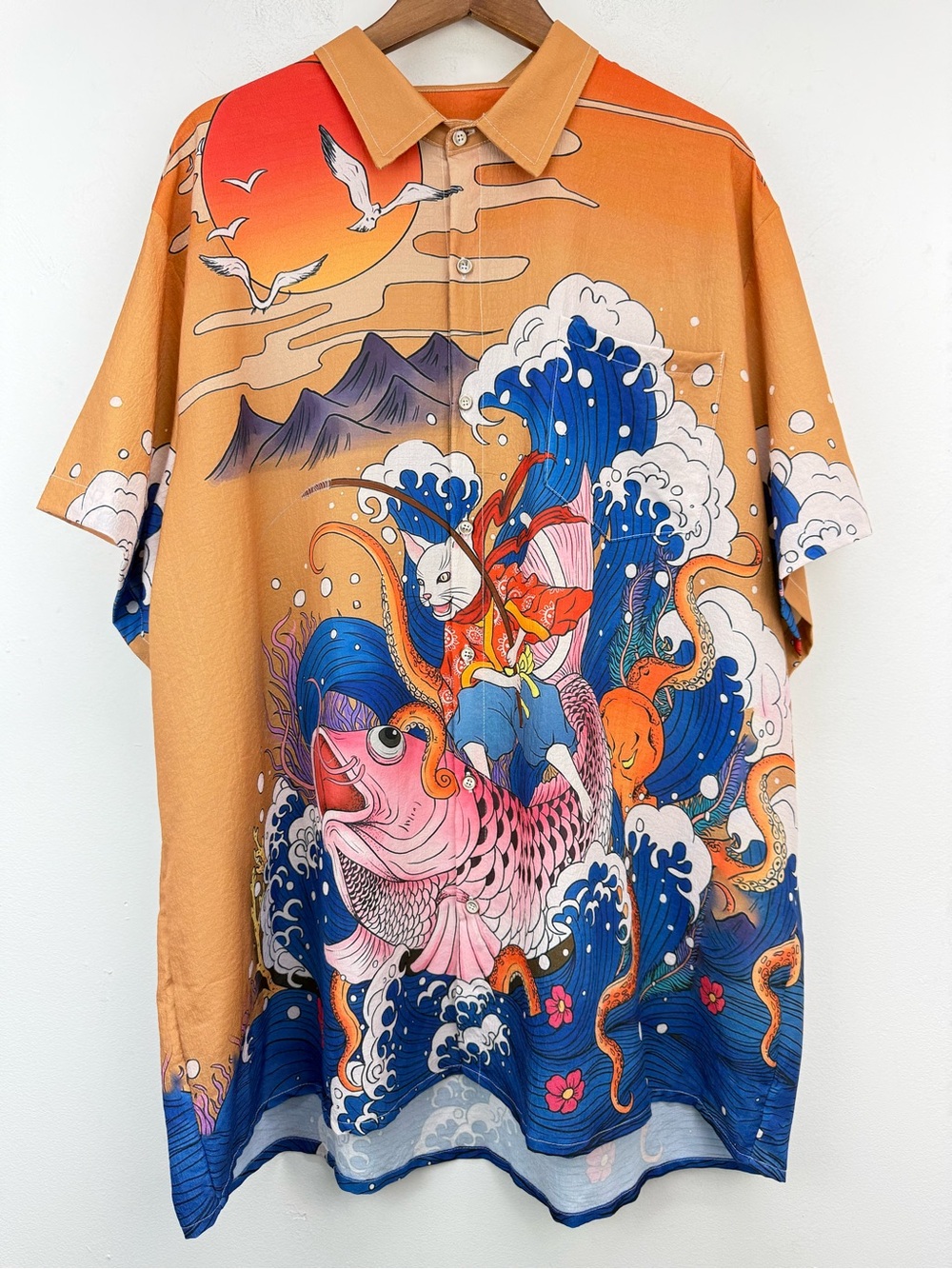 Royaura Hawaiian size 4XL Men’s Japanese Ukiyo-e Cat Fishing Button Up Shirt